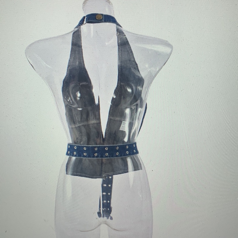 Denim Halter Belted Top in Deep Blue - Picture 6 of 6